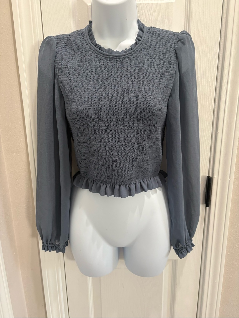 Wilfred Smocked Ruffle-Trim Long Sleeve Top - blueish gray